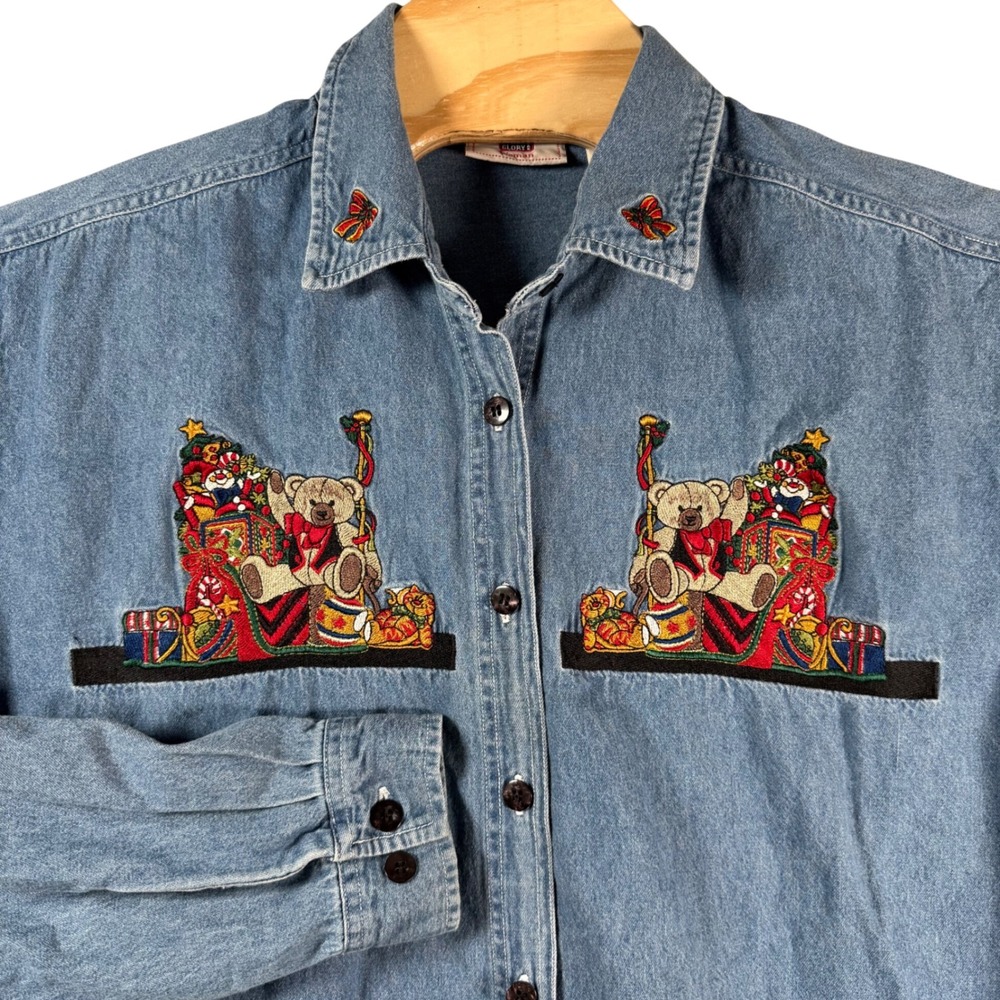 Faded Glory Christmas Teddy Bear‎ Denim Shirt Women 18W/20W Embroidered Vintage